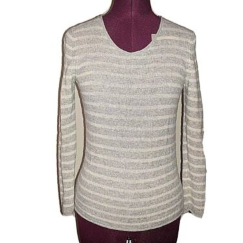 Uniqlo Womens Sweater Gray White - Size S - 100% Cashmere Striped Crew Neck